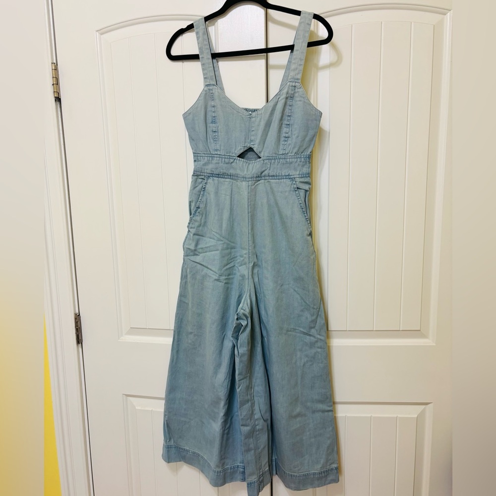 Aerie twill cutout jumpsuit, sz S | boho wide leg denim summer cropped overalls - Picture 3 of 13